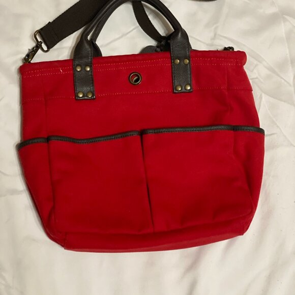 Levenger CANVAS RED Bloomsbury Bookbag tote 6 Outer Pockets - Picture 2 of 6
